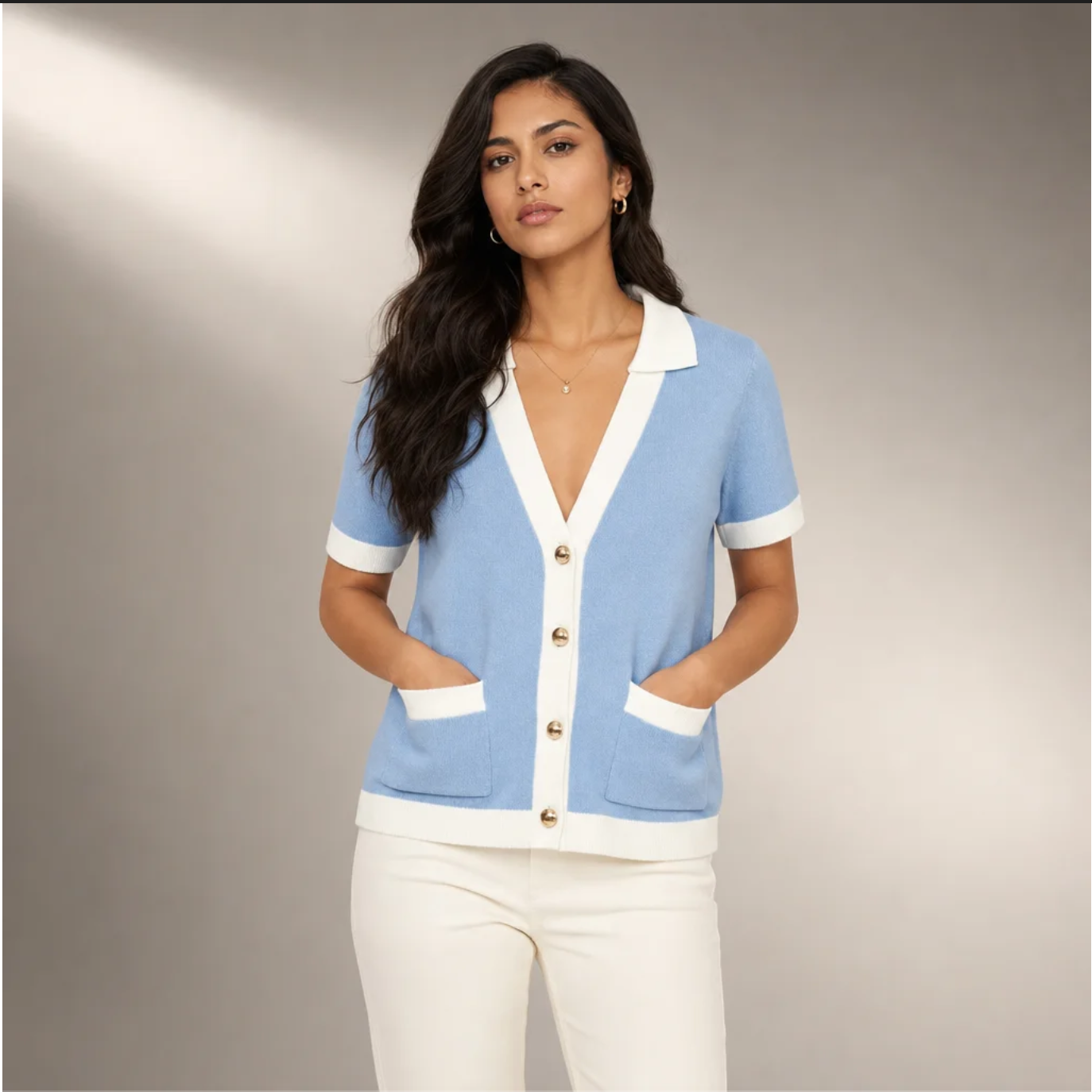 Contrast-Trim Knit Polo Cardigan